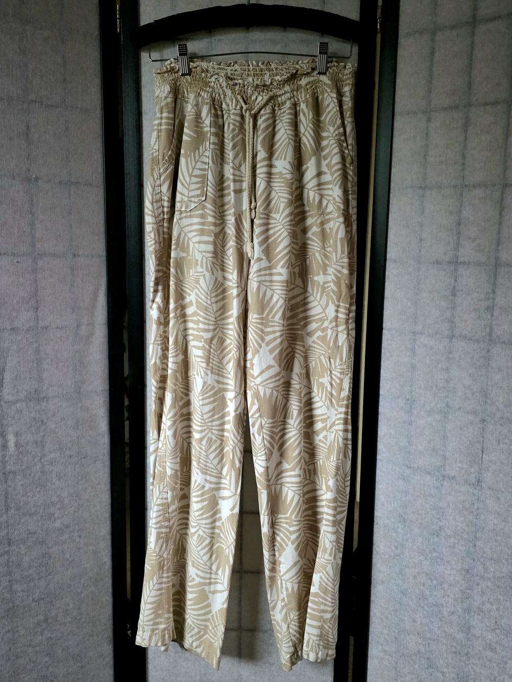 Beige Palm-Print Wide Leg Pants